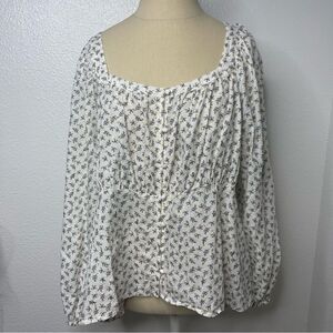 Old Navy Gold White XL Flare Lace Peasant Hippie Top Blouse Puff Sleeve Glitter